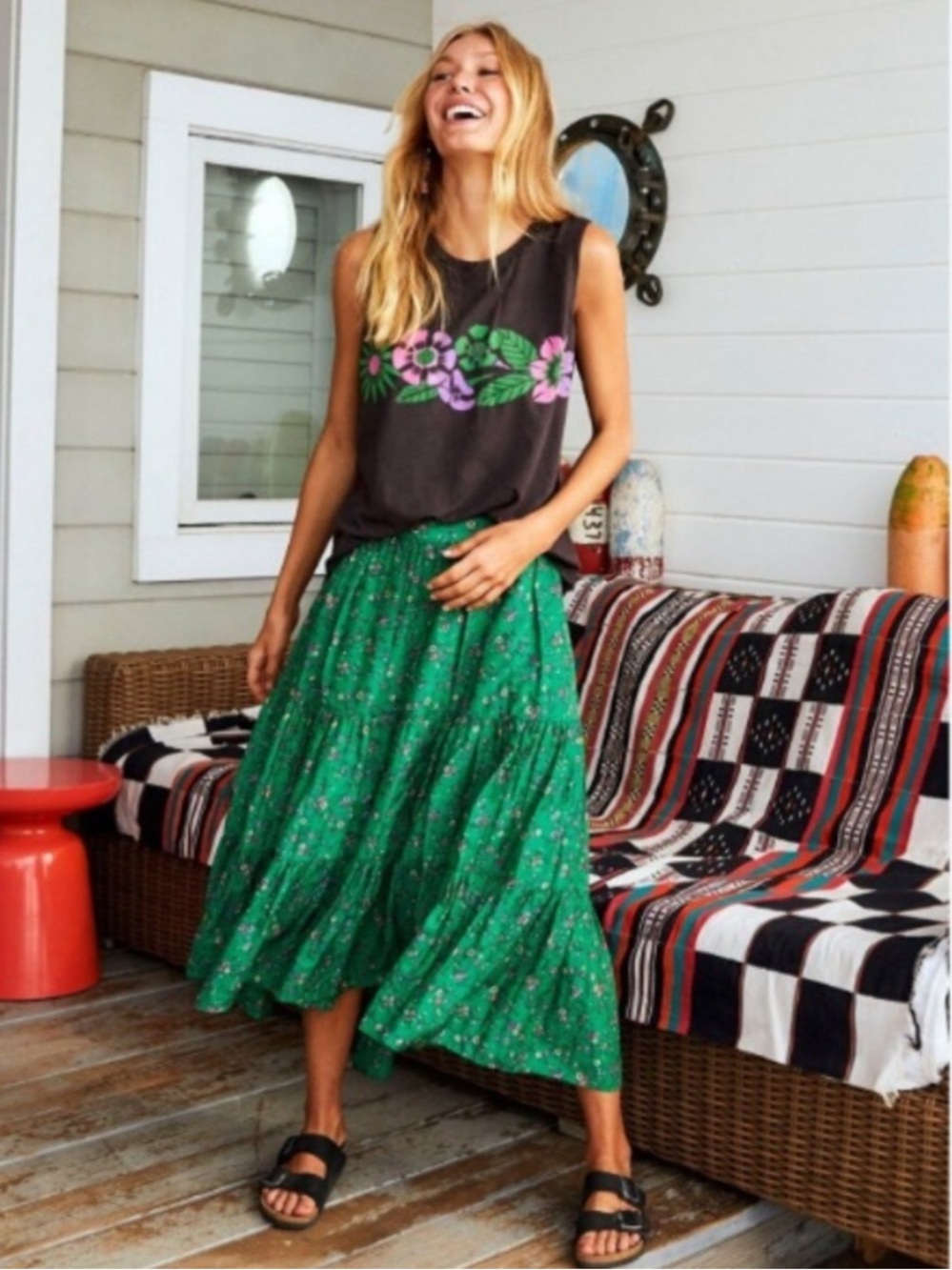 XiRENA iris Green Floral Midi Skirt medium